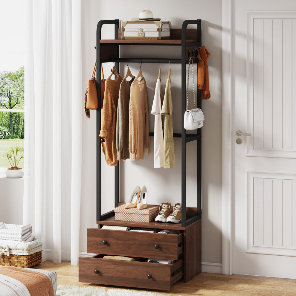 Tree Clothes Rack Hall Trees Small Clothes Rack Coat Rack With 2-Drawer and Shelves
