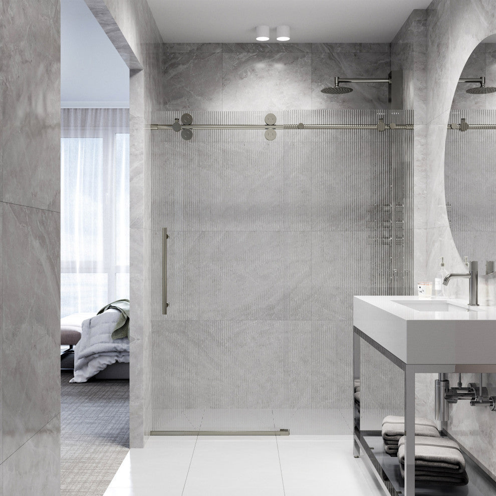 VIGO Elan 68" to 72" W x 74" H Frameless Sliding Shower Door, Stainless Steel, Left, Fluted Glass