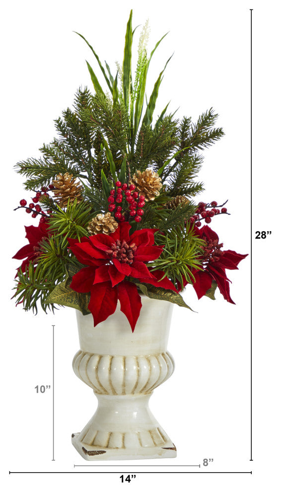 28" Poinsettia, Grass and Succulent Artificial Arrangement, White Urn