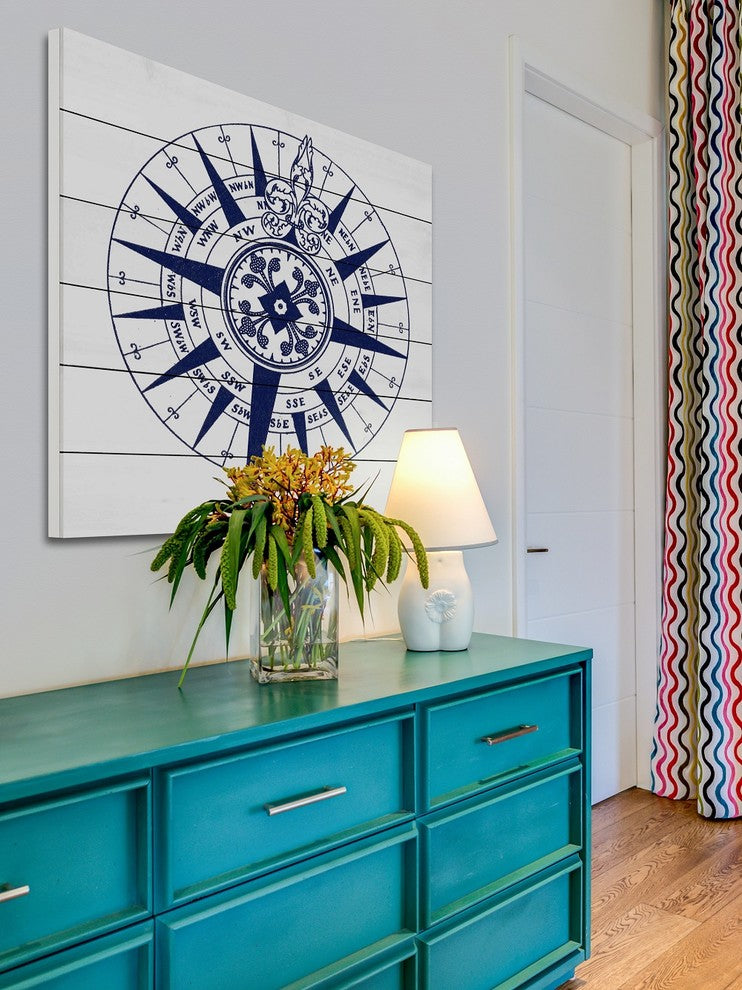 "Blue Compass" Painting Print on White Wood