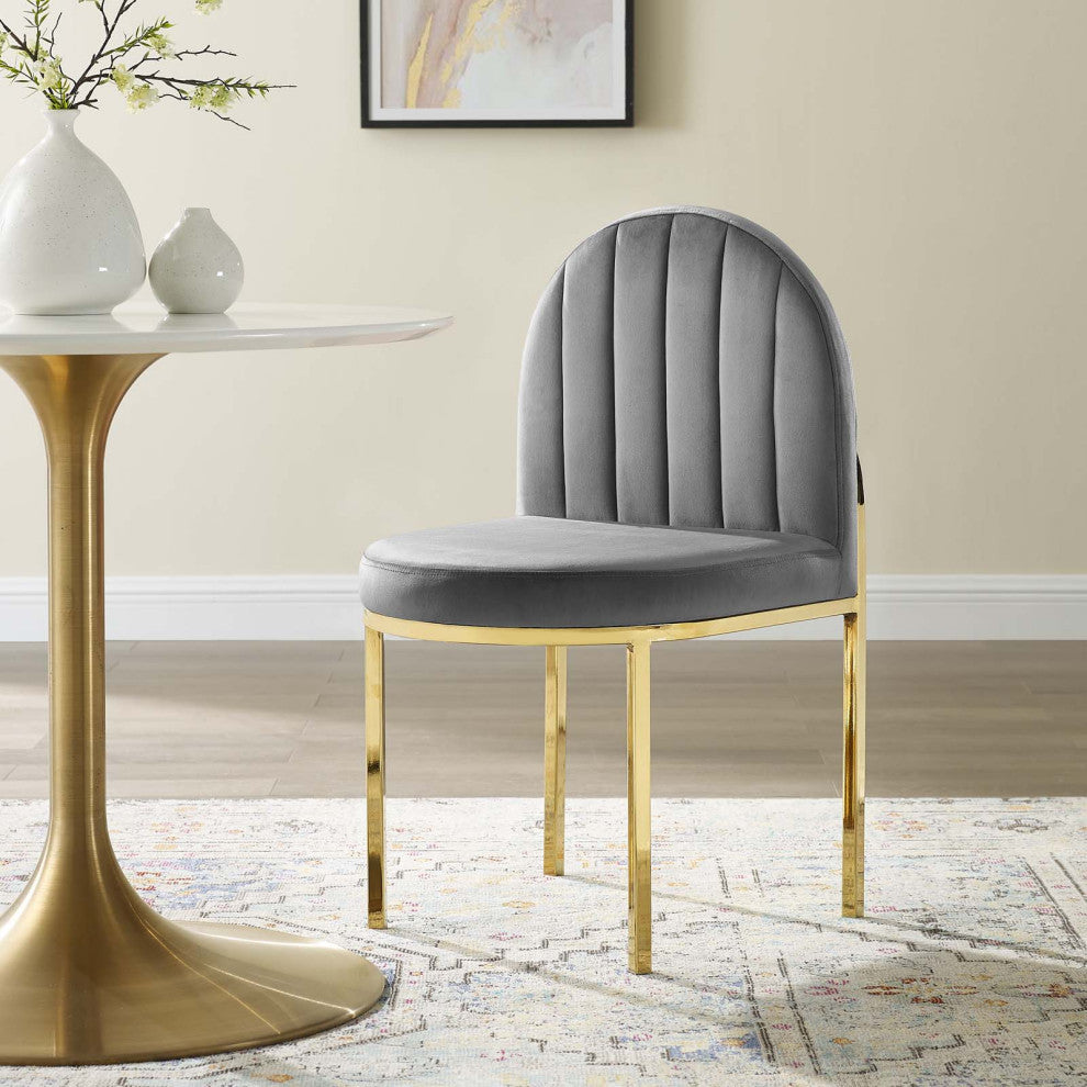 Tufted Side Dining Chair, Velvet, Gold Gray, Modern, Cafe Bistro Restaurant
