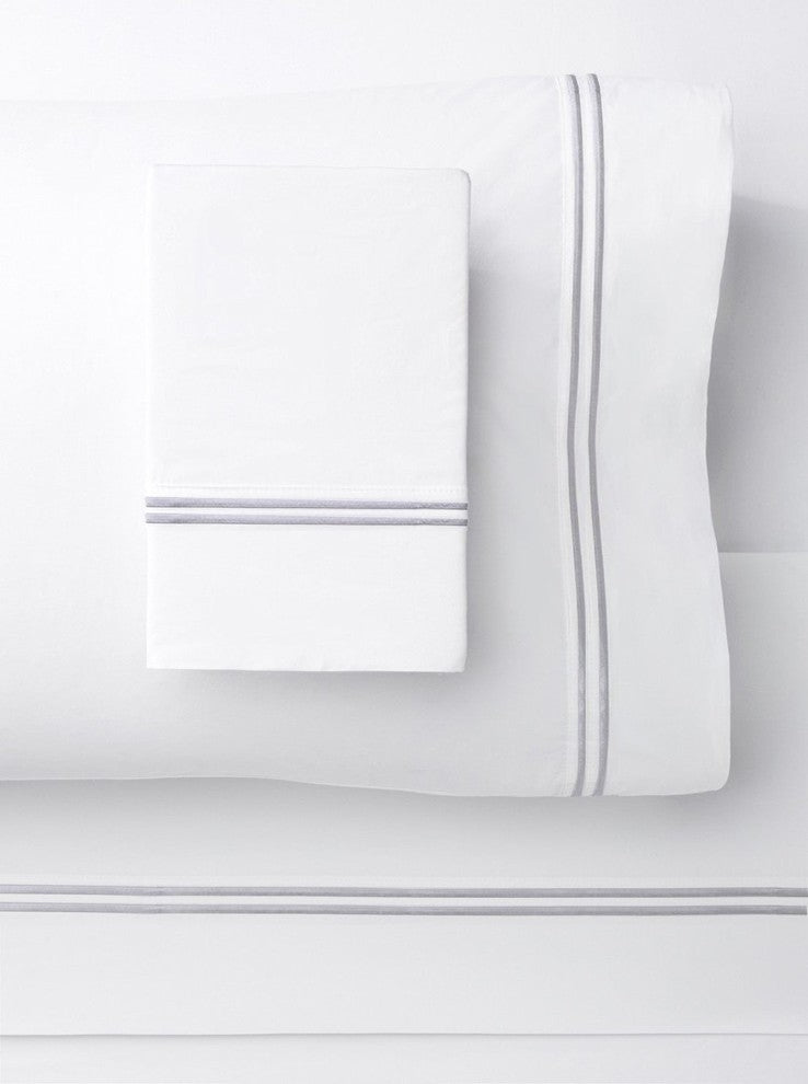 1000 Thread Count 2 Stripe Embroidery Sheet Set, Light Grey on White, Twin Sheet