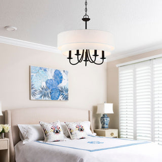 21.5"W 5-Light Black Chandelier Light With White Double Drum Shade