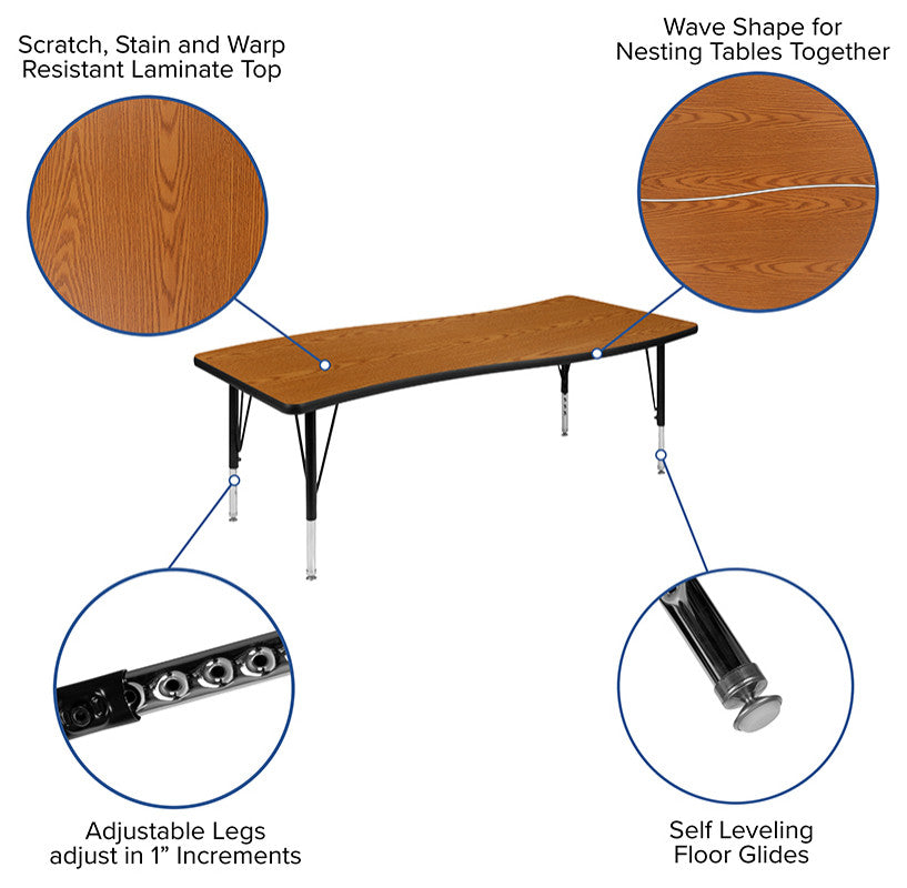 3 Piece 86" Oval Wave Activity Table Set - Height Adj. Short Legs, Oak