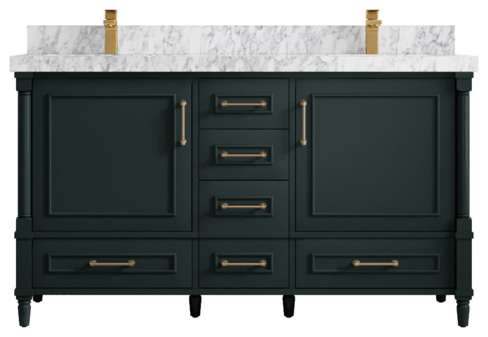 Aberdeen 60 Double Bathroom Vanity in Dark Forest Green 2" Carrara Marble