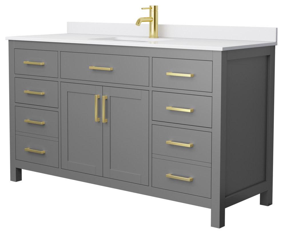 60" Single Bath Vanity Dark Gray, White Cult. Marble Countertop, Sink, Gold Trim