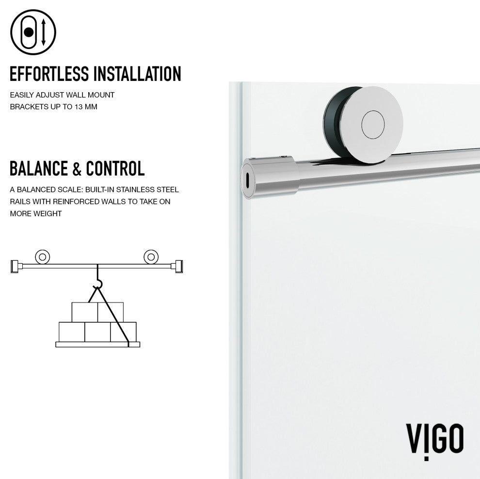 VIGO Elan Frameless Sliding Shower Door, V-Motion, Clear Glass, Chrome, 56" to 60" W X 76" H