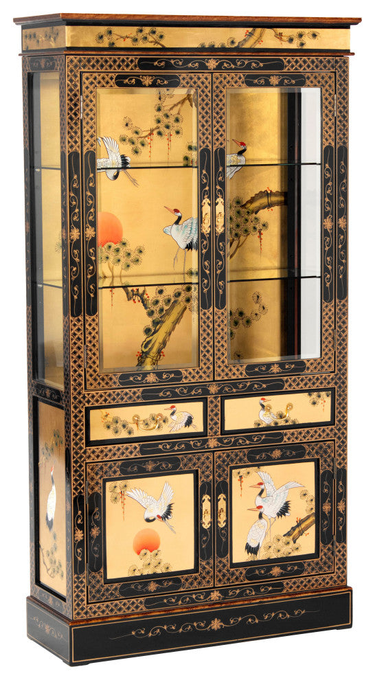 Gold Lacquer Curio Cabinet Cranes