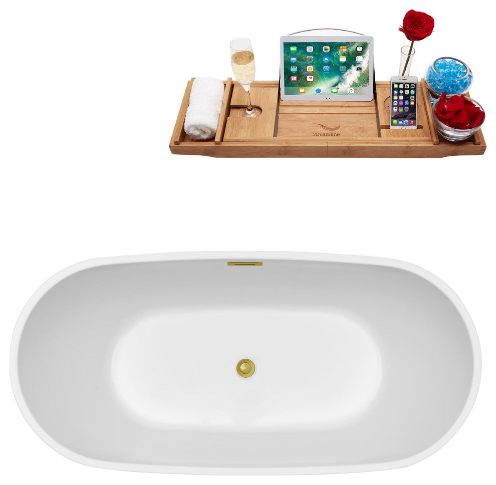 71" Streamline N562GLD Soaking Freestanding Tub and Tray With Internal Drain