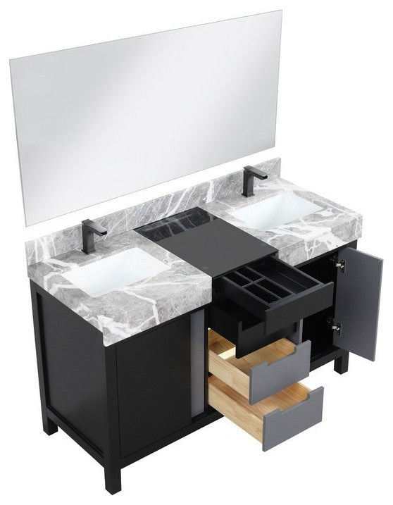 Zilara 55" Black and Grey Double Vanity Set, Balzani Gun Metal Faucet Sets