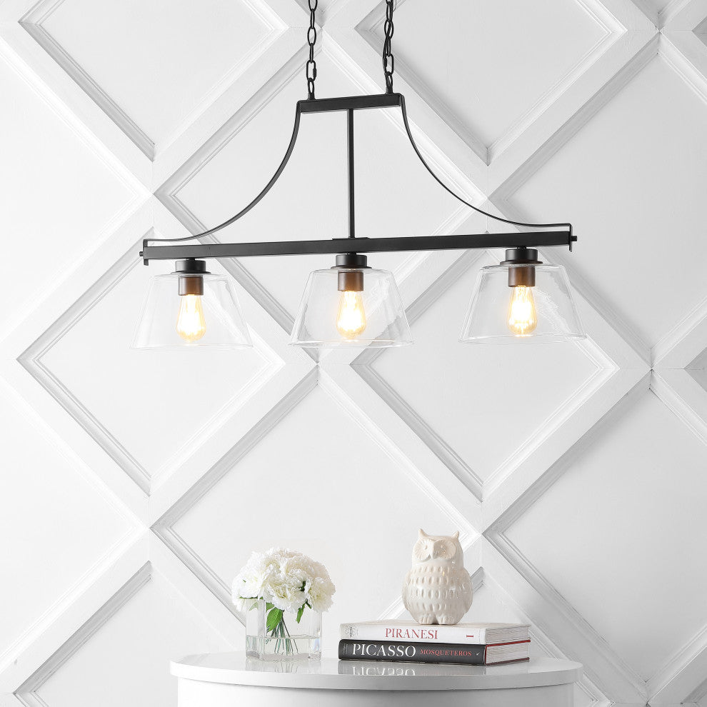 Jayden 36" 3-Light Industrial Farmhouse Iron/Glass Linear Pendant Bronze/Clear