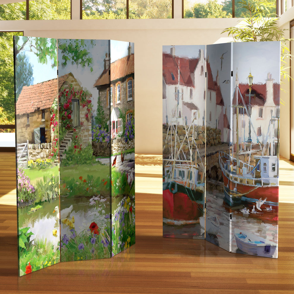 6' Tall Double Sided Country Village Canvas Room Divider