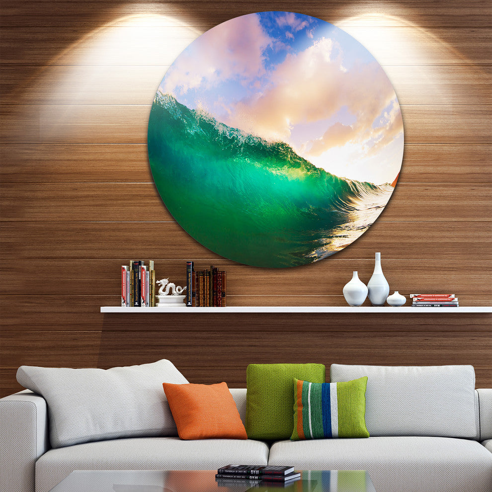 Waves Under Cloudy Sky, Seascape Round Wall Art, 36"