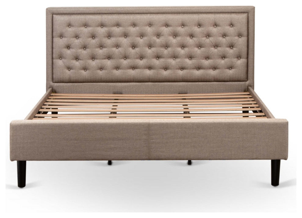 Platform King Size Bed, Dark Khaki Linen Fabric Bed Headboard
