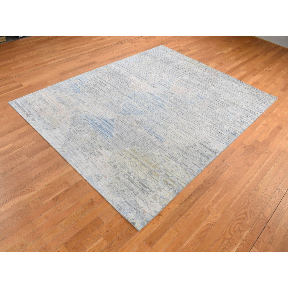 Ivory Pure Silk Collection Hand Knotted Modern Design Oriental Rug 8'x10'6"