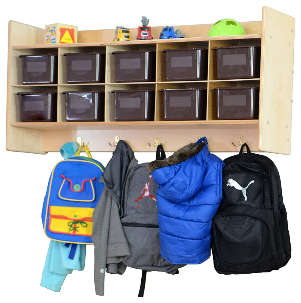 10 Section Wood Cubbies Storage, Brown Bins, Wall Hanging Organizers