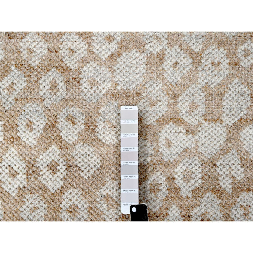 Almond Brown Cropped Thin Hand Knotted Natural Wool Oriental Rug, 9'x11'11"