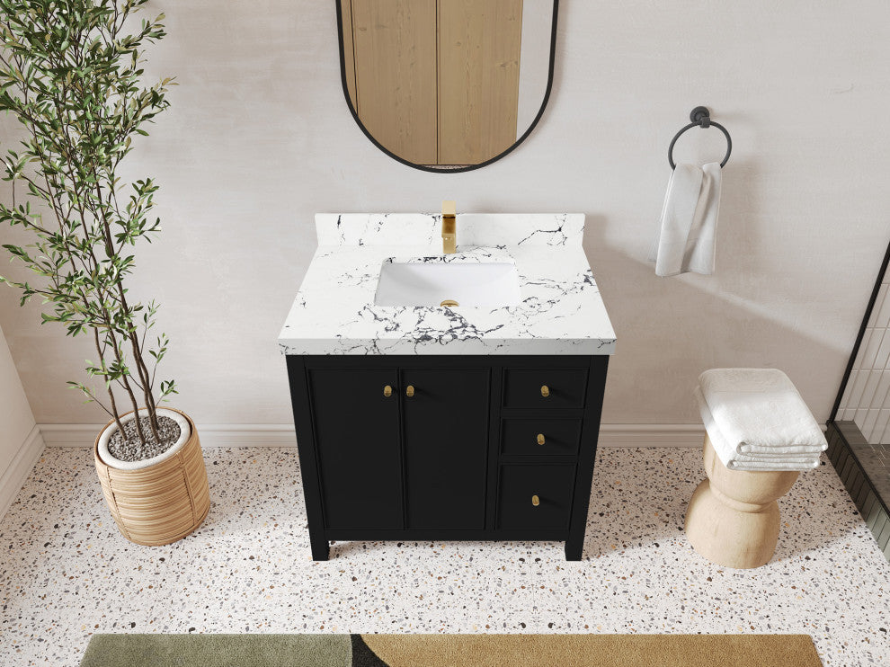 Chicago 36" Center Sink Bathroom Vanity, Black 2" Viola Night