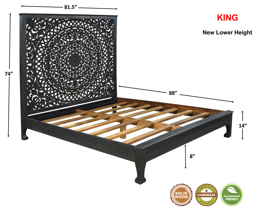 Milano Floral Carved Solid Wood Queen Panel Bed, Black, King