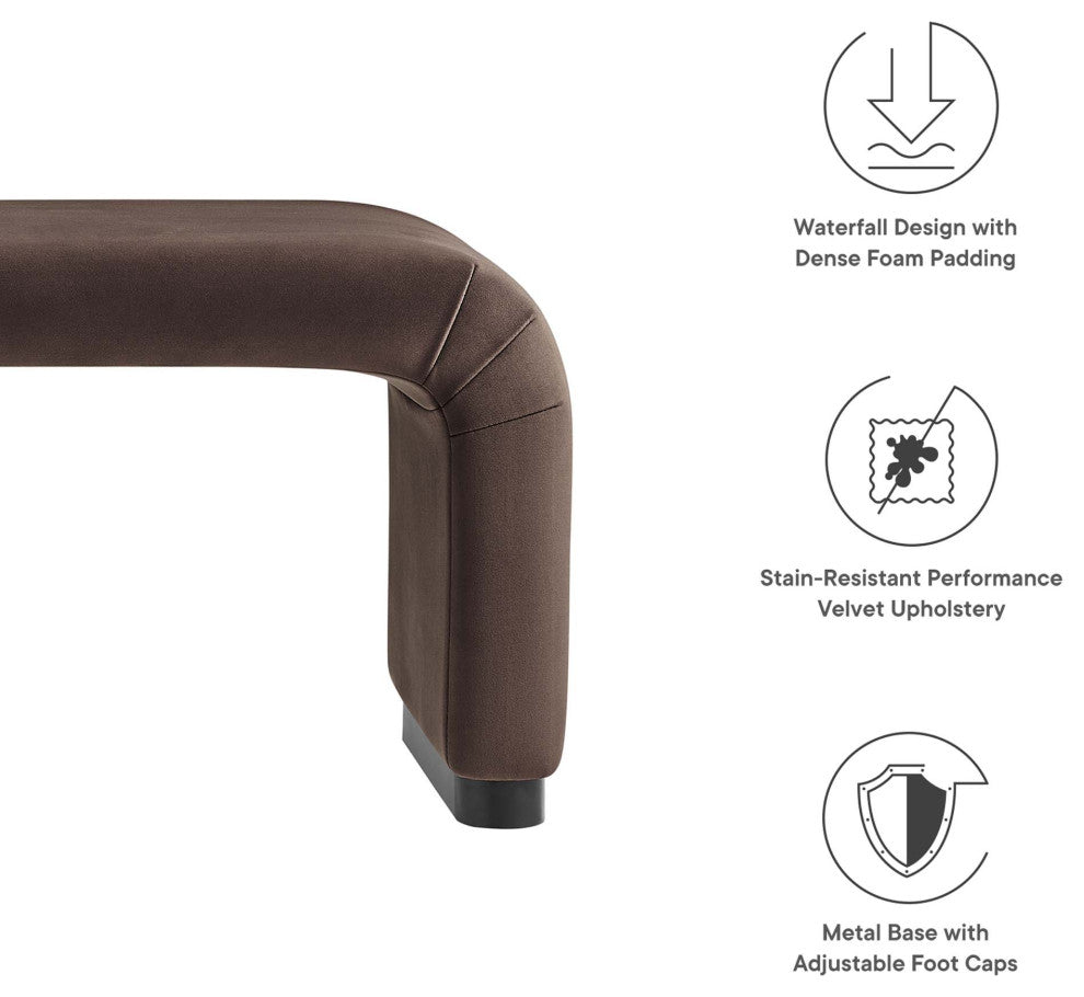 Koda Performance Velvet Waterfall Long Bench, Black Chocolate Brown