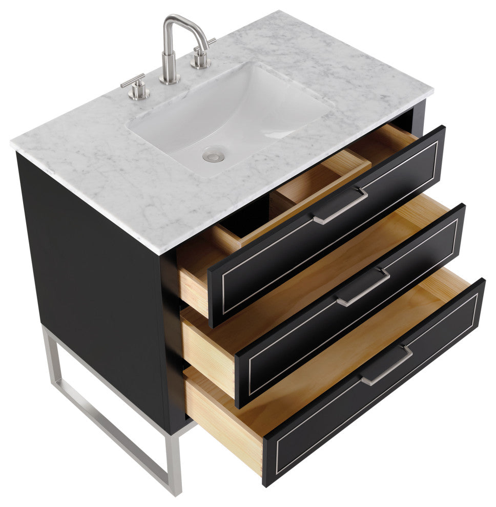 Markham Bathroom Vanity, Midnight Black/Brushed Nickel, 36", White Quartz Top
