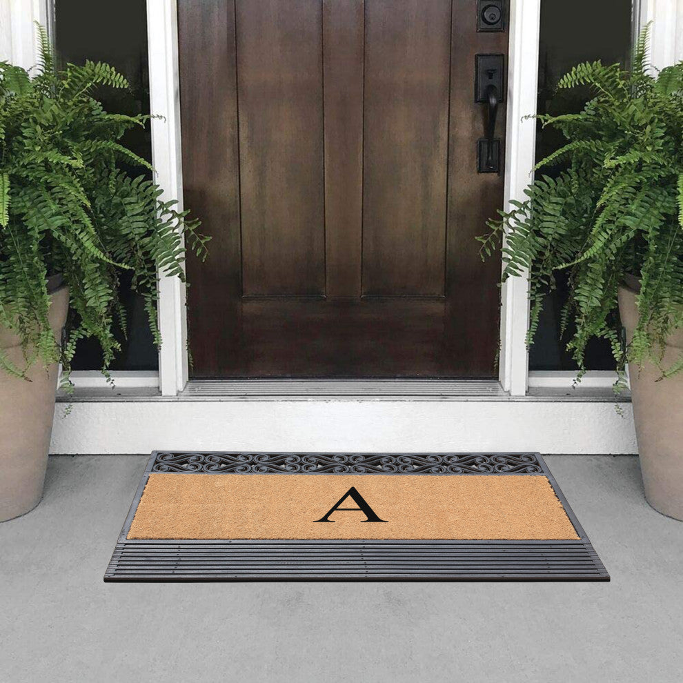 Rosewood Black/Beige 24"x36" Rubber And Coir Monogrammed Doormat, A