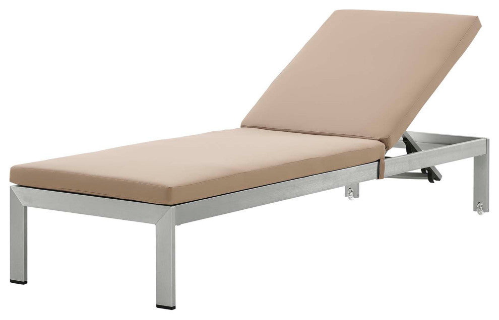 Lounge Chair Chaise, Aluminum, Metal, Silver Brown, Modern, Outdoor Patio Cafe