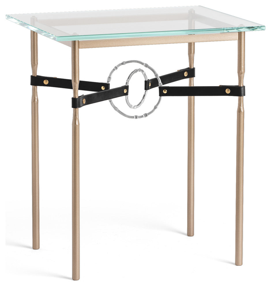 Equus Side Table, Soft Gold Finish, Sterling Accents, Black Leather Strap