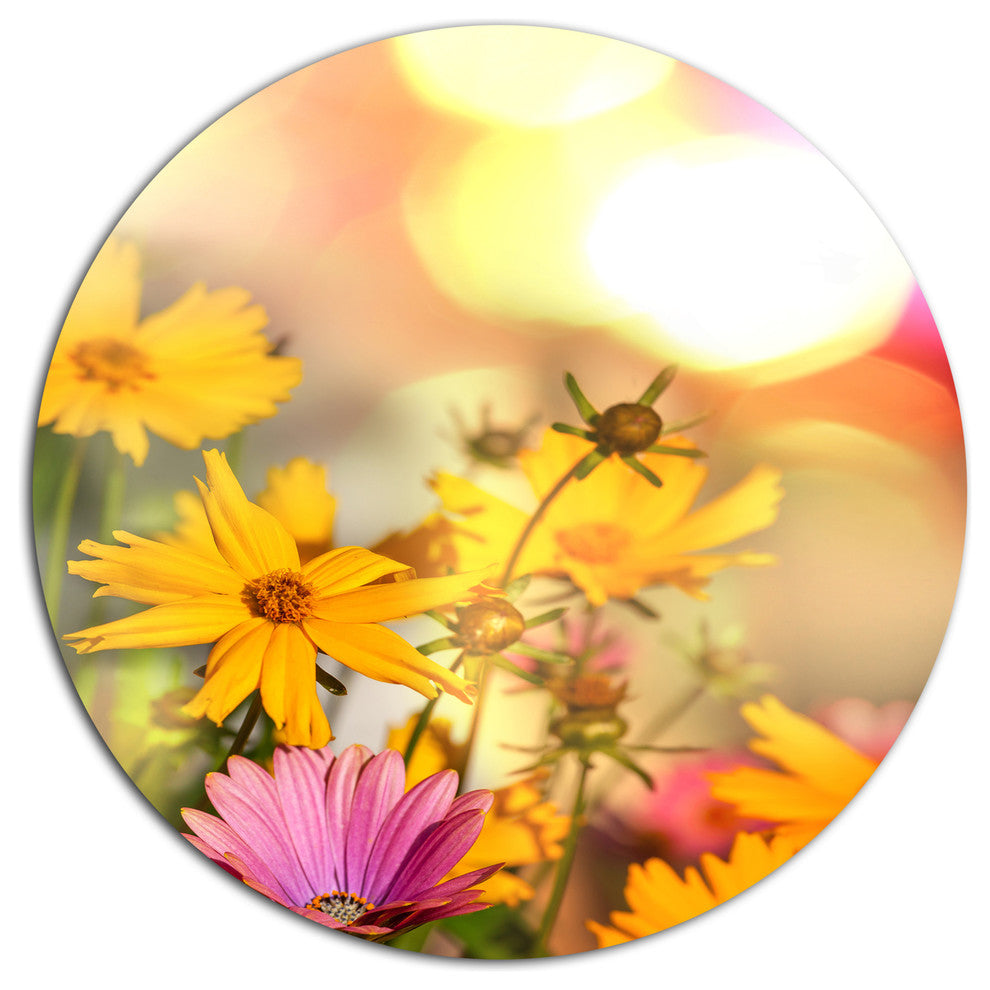 Blooming Yellow And Pink Flowers, Floral Disc Metal Artwork, 23"