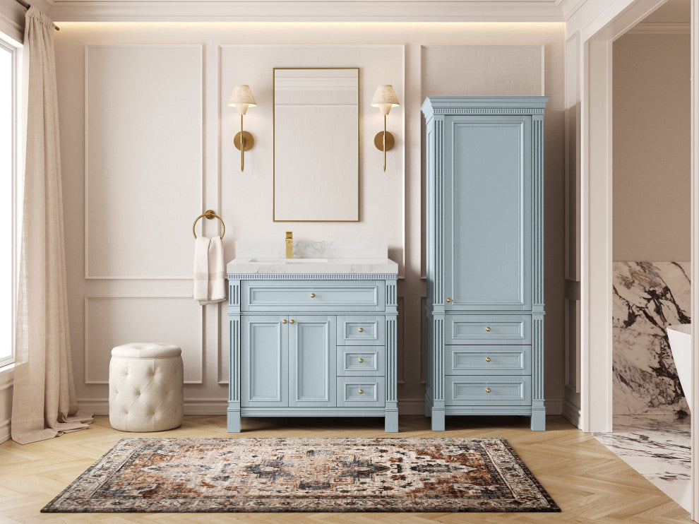 Paris 36" Left Offset Bathroom Vanity, Blue Heather 2" Calacatta Nuvo