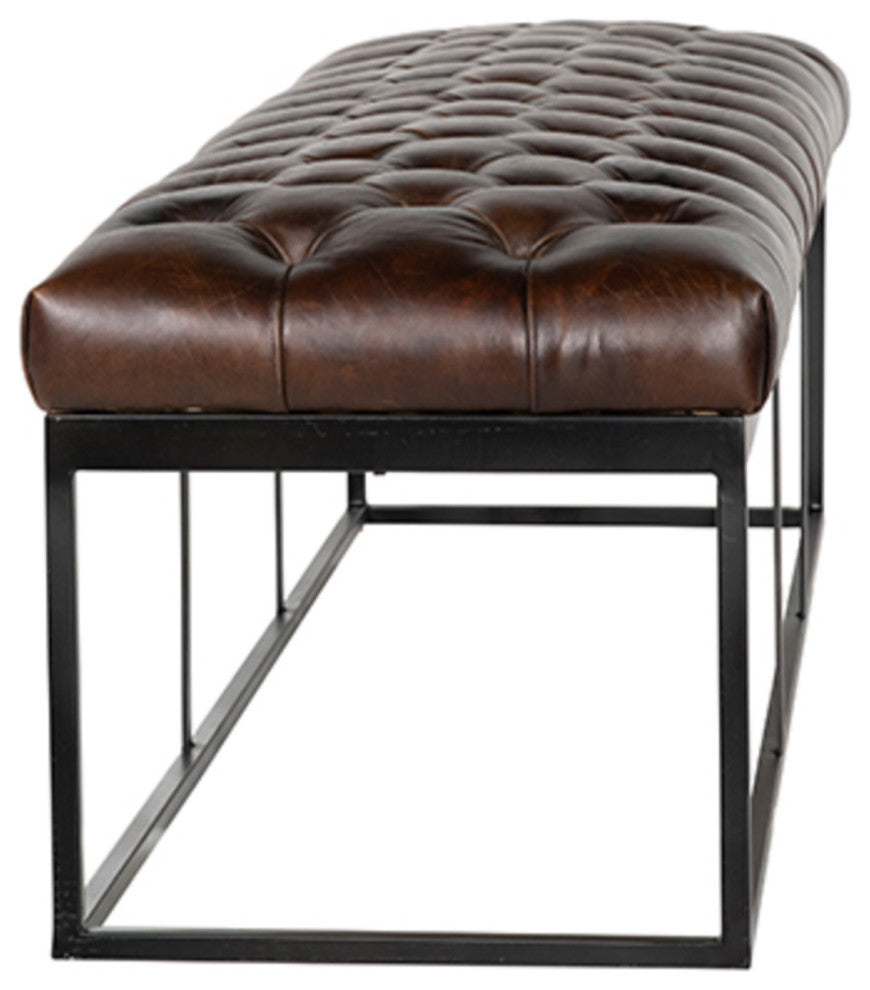 Tufted Leather and Iron Bench