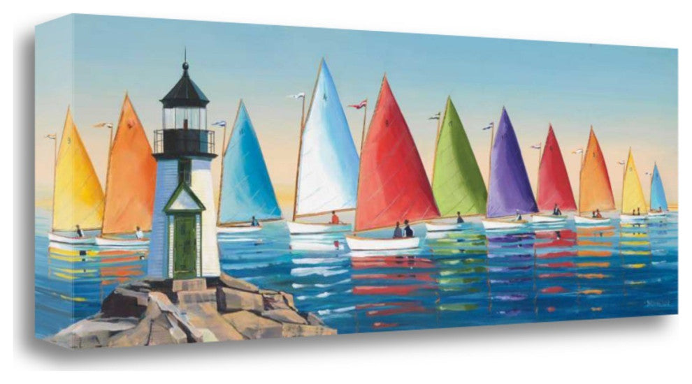 Colorful Sailboats With Lighthouse 2 Giclee Wrap Canvas Wall Art