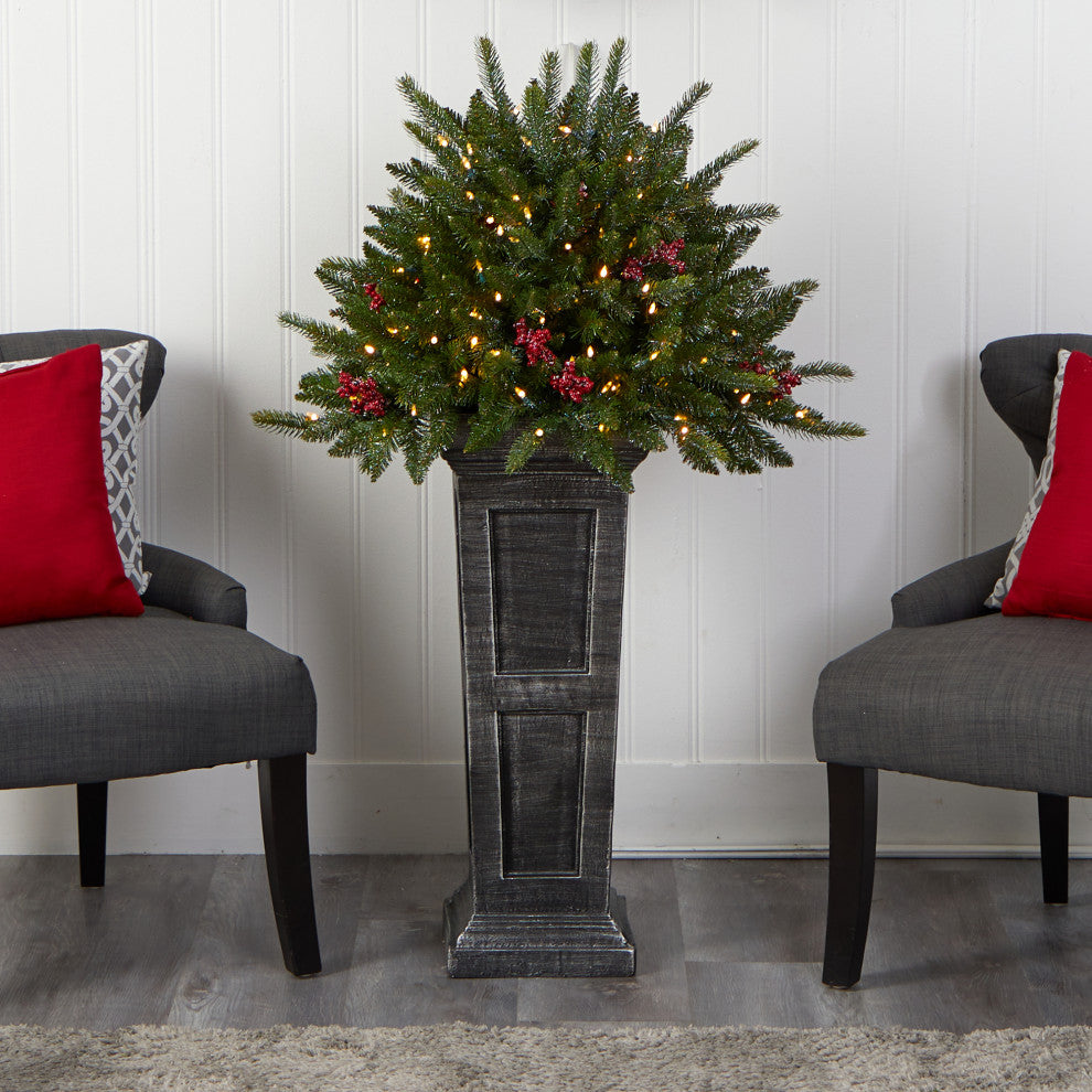 4' Holiday Faux Xmas Plant Pre-Lit &Glittered on Pedestal W/ Multicolor Lights