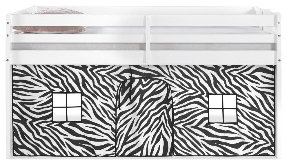 Jasper Twin Junior Loft Bed, White Frame, Zebra Bottom Playhouse Tent