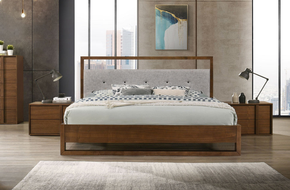 Nova Domus Falcor Modern Gray Fabric and Walnut Veneer Bed, Eastern King