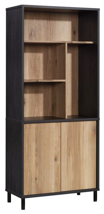 Tall Bookcase, 5 Open Compartments & Lower Storage Cabinet, Raven Oak/Timber Oak