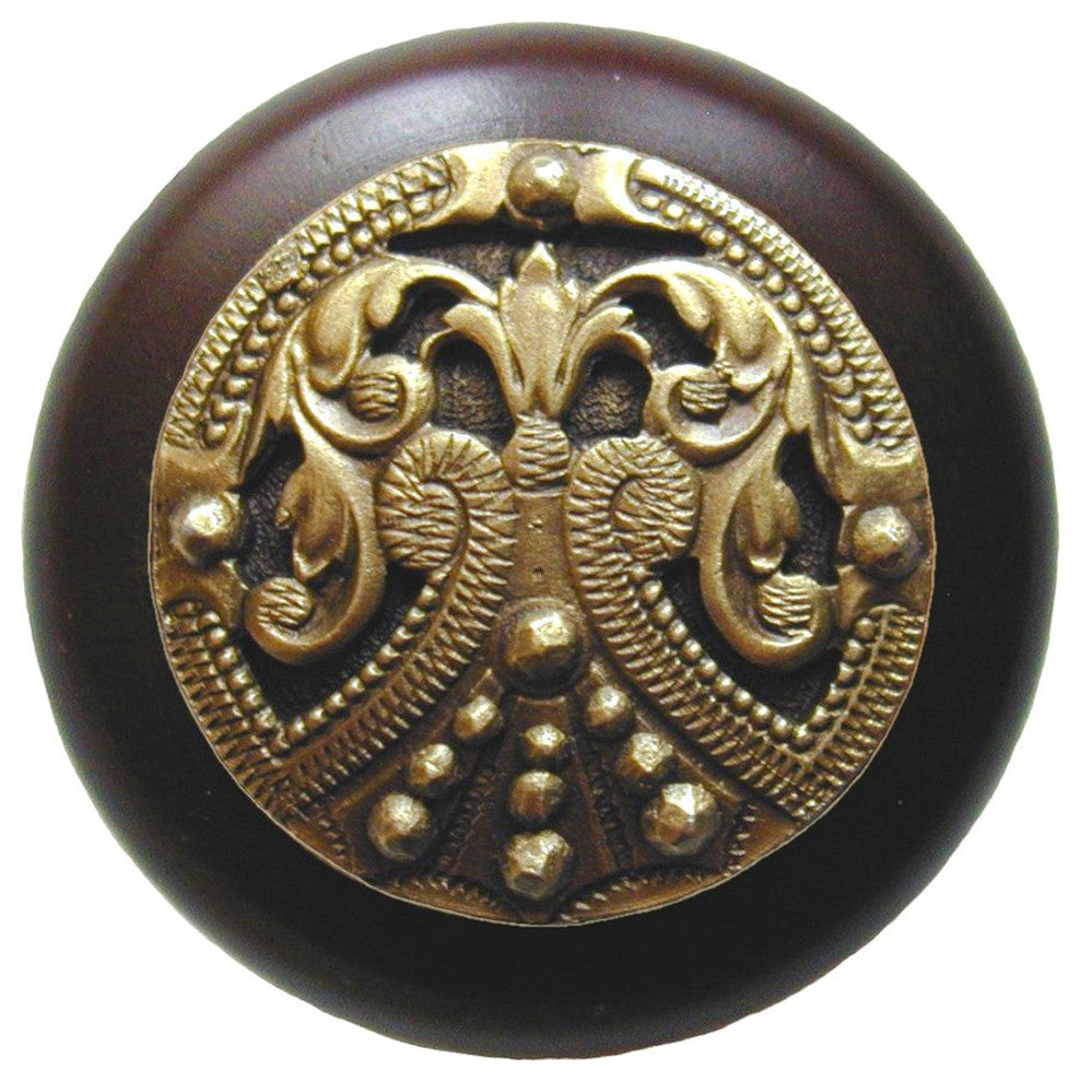 Regal Crest Wood Knob, Antique Brass, Dark Walnut Wood Finish, Antique Brass