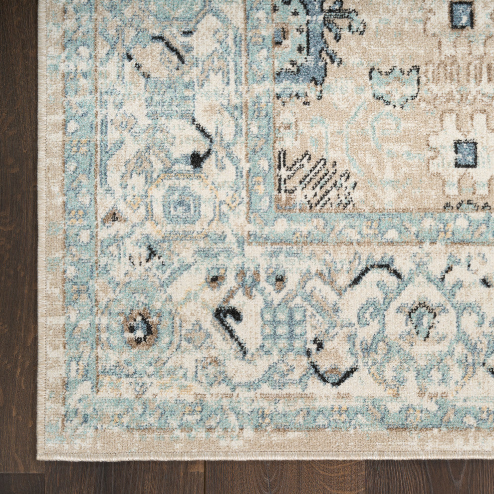 Nourison Washable Decor 2' x 6' Taupe Blue Vintage Indoor Rug