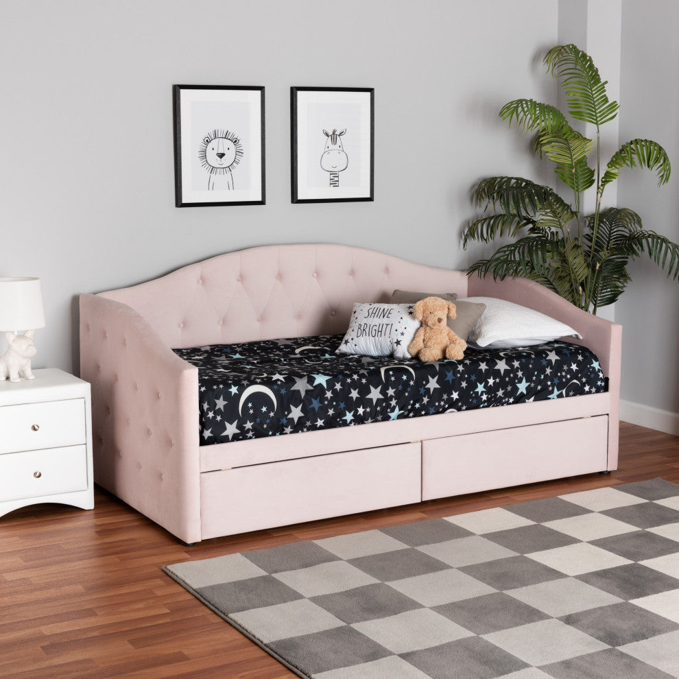 Mansi Modern Light Pink Velvet Fabric Upholstered Twin Size 2-Drawer Daybed
