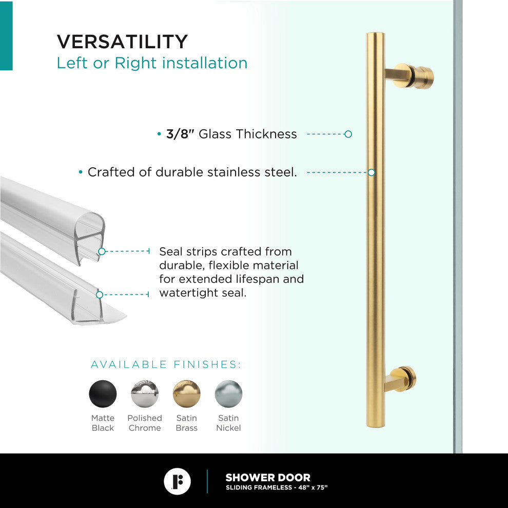 Frameless Clear Sliding Shower Door With Tempered Glass - Shower Bathroom Door, Satin Brass, 48" X 75", Single Sliding Door