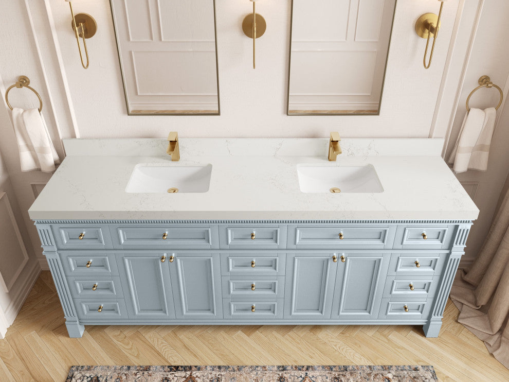 Paris 84" Double Sink Bathroom Vanity, Blue Heather 2" Empira Quartz