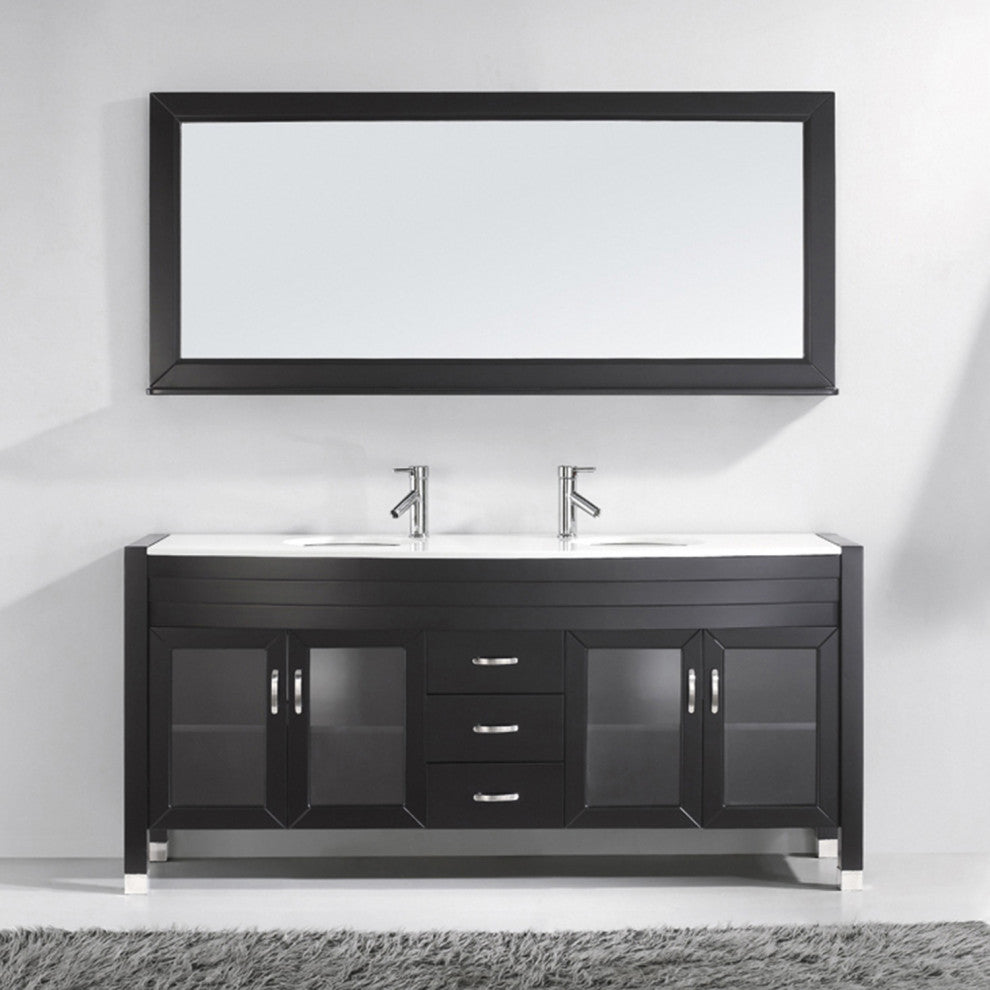 Virtu Ava 71" Double Bathroom Vanity, Espresso With Faucet and Mirror