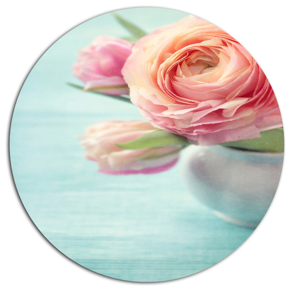 Beautiful Pink Flowers In Vase, Floral Disc Metal Artwork, 11"