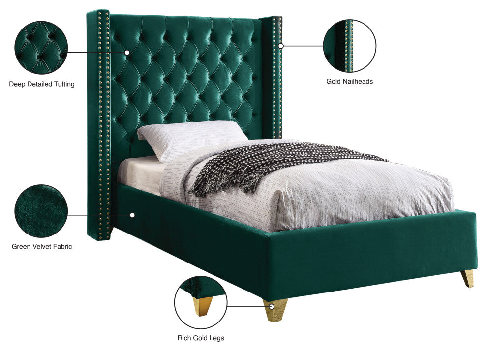 Barolo Velvet Upholstered Bed, Green, Twin