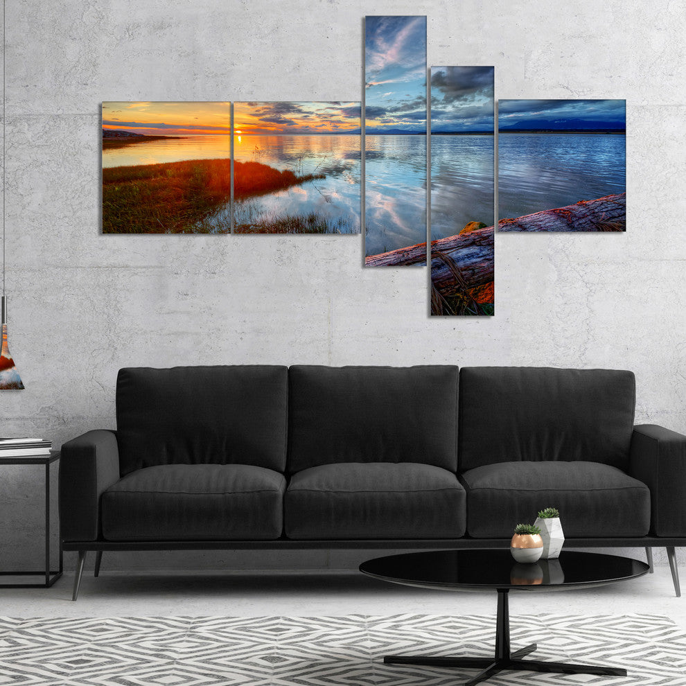 Colorful River Sunset With Log, Seashore Canvas Art Print, 60"x32", 5 panels