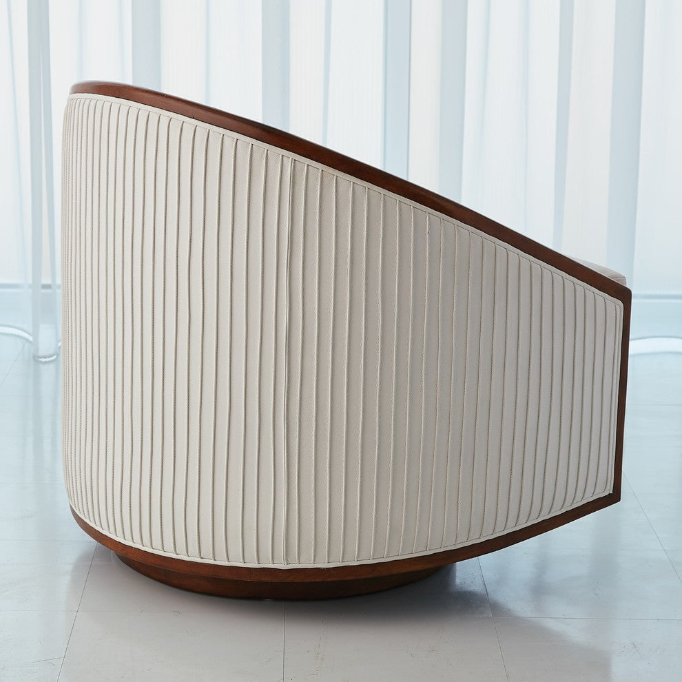 Mid Century Modern White Leather Swivel Tub Chair, Round Dark Wood Living Room