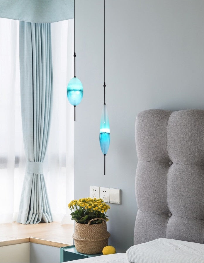Blue/White Drop-shaped Glass LED Hanging Lamp for Kitchen Island, Blue, E