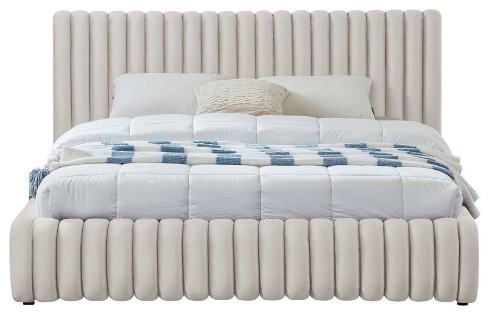 Nico Black Velvet Upholstered Bed, Cream, Queen