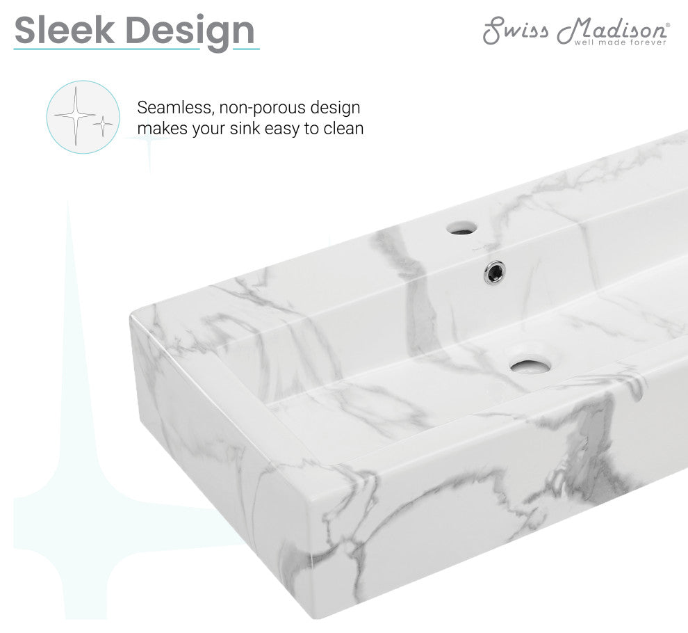 Voltaire Wide Rectangle Wall Hung Sink, White Marble