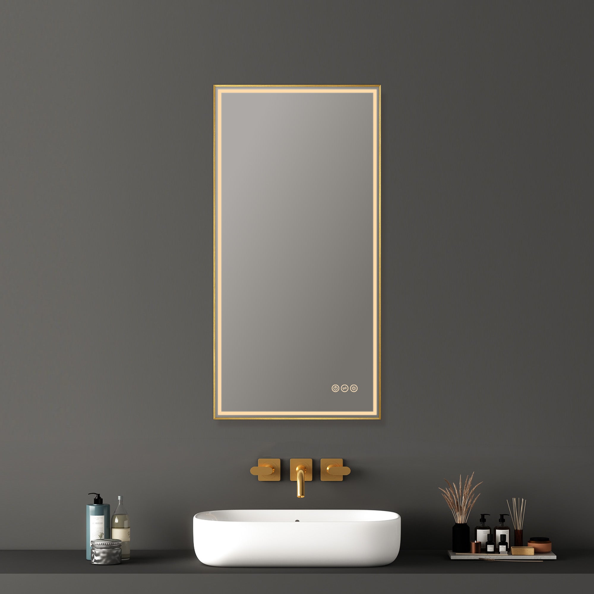 Fogless, Dimmable, Color Temperature Adjustable LED Mirror, Brush Gold, 18x36